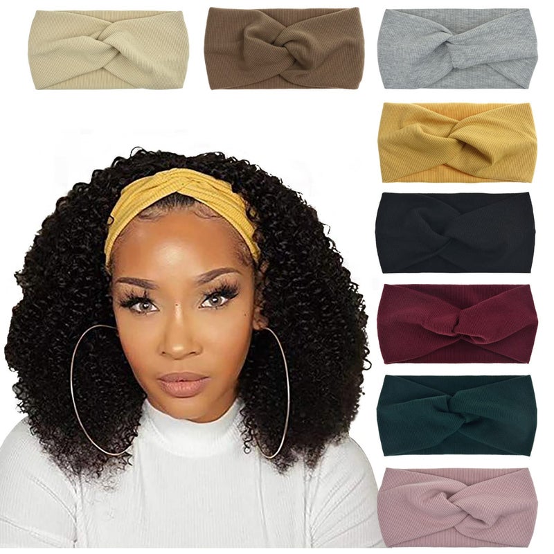 DRESHOW 8 Pack Girls Turban Wide Headbands for Women Headwraps Knotted Elastic Yoga Workout Solid Color Hair Accessories - Image 1